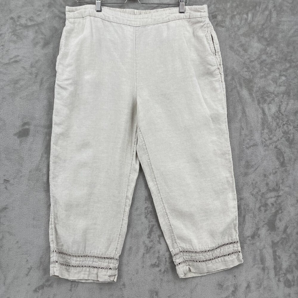 Chico's Beige Natural 100% Linen Cropped Pants Eyelet Trim
